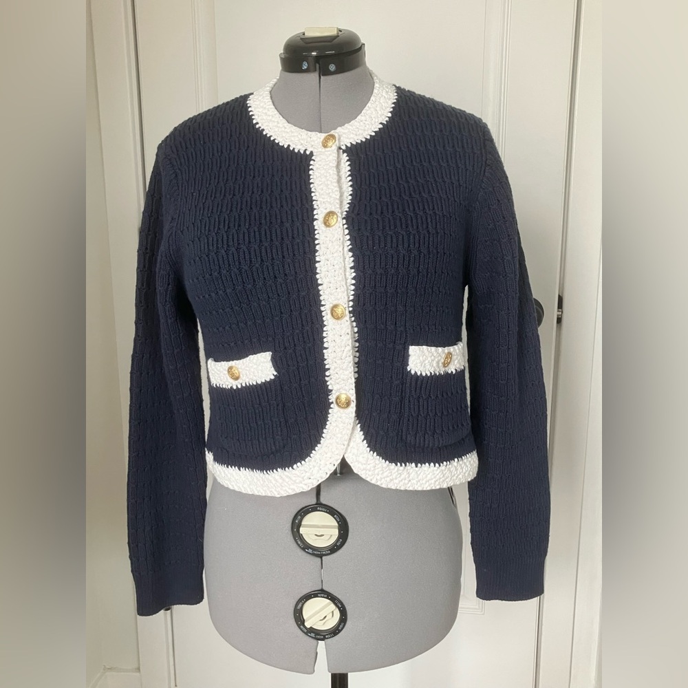 J. Crew NWT Navy and White Cropped Knit Cardigan